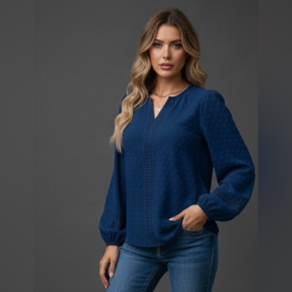 Swiss Dot Guipure Lace Insert Lantern Sleeve Blouse Blue - Picture 3 of 7